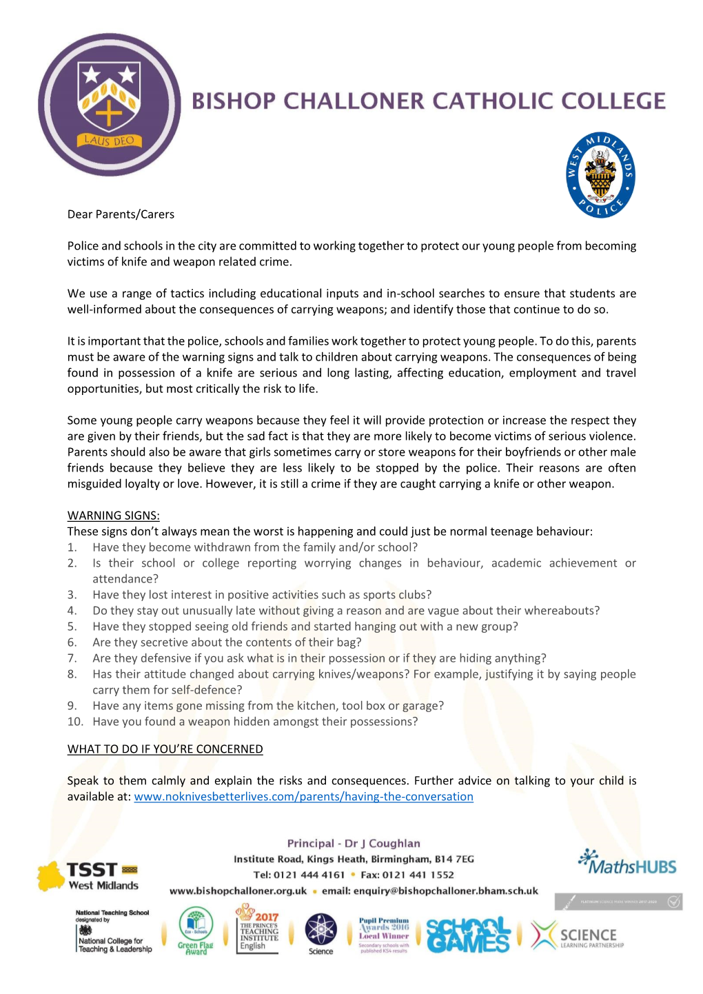 Dear Parents/Carers Police and Schools in the City Are Committed to Working Together to Protect Our Young People from Becoming V