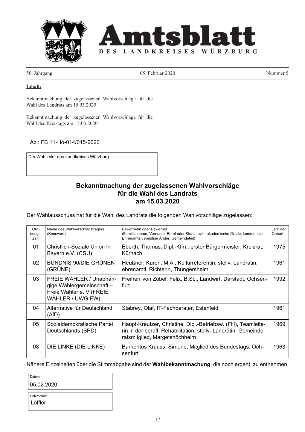Bekanntmachung Der Zugelassenen Wahlvorschläge Für Die Wahl Des Landrats Am 15.03.2020