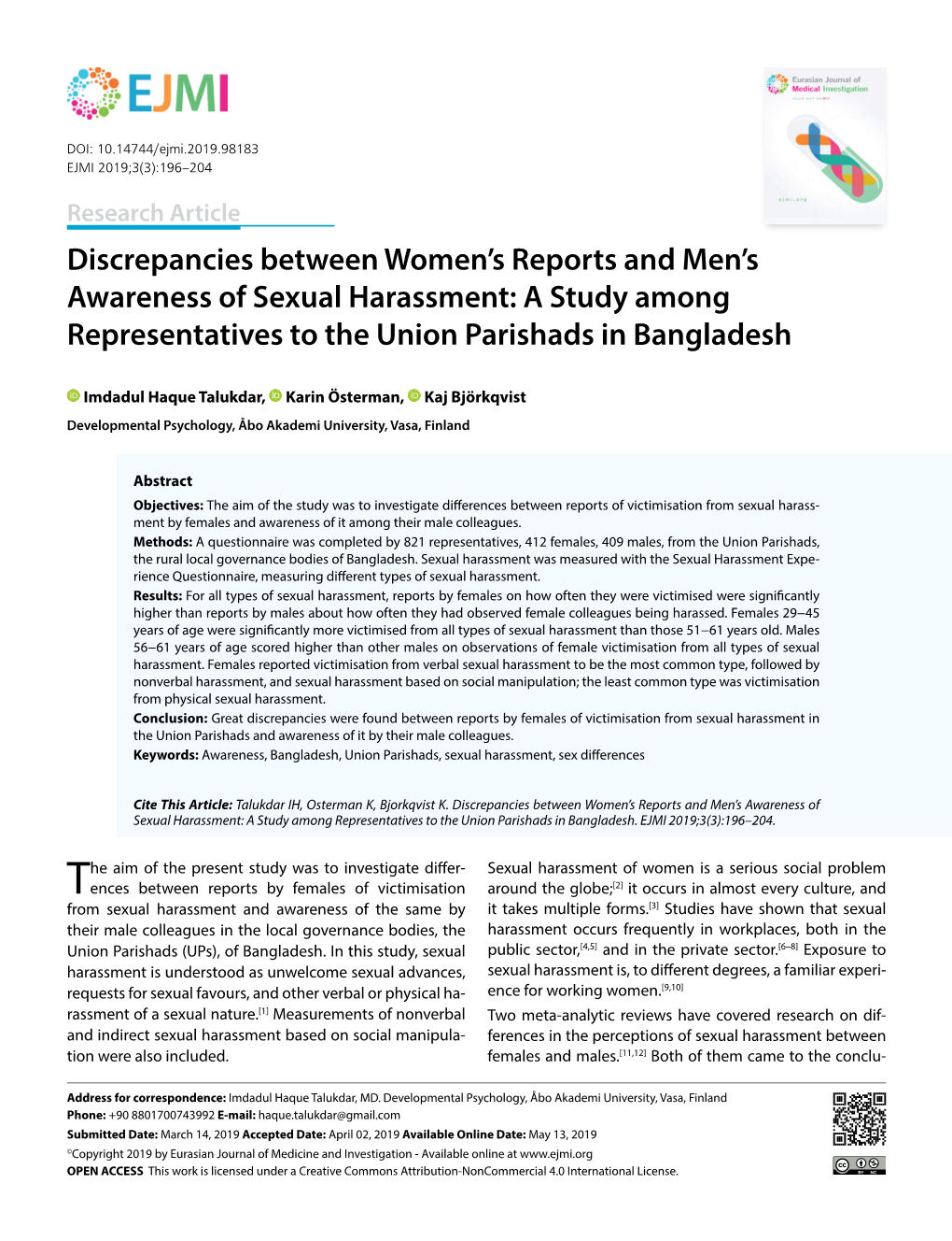 Discrepancies Between Women's Reports and Men's Awareness of Sexual Harassment: a Study Among Representatives to the Union P