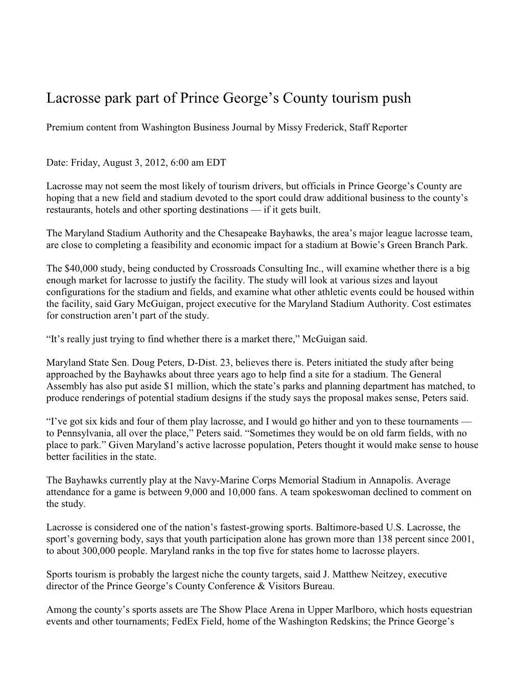 Lacrosse Park Part of Prince George's County Tourism Push