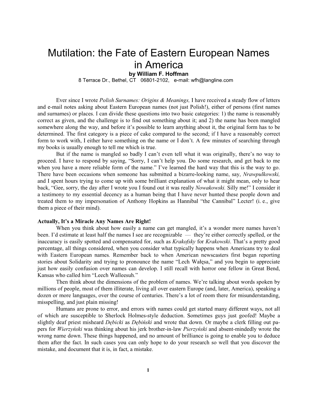 Mutilation: the Fate of Eastern European Names in America by William F