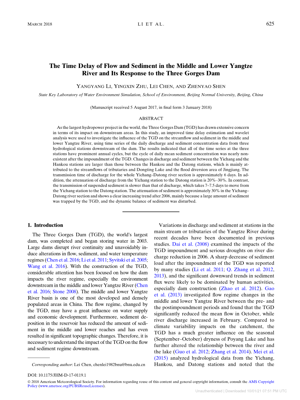 The Time Delay of Flow and Sediment in the Middle and Lower Yangtze River and Its Response to the Three Gorges Dam