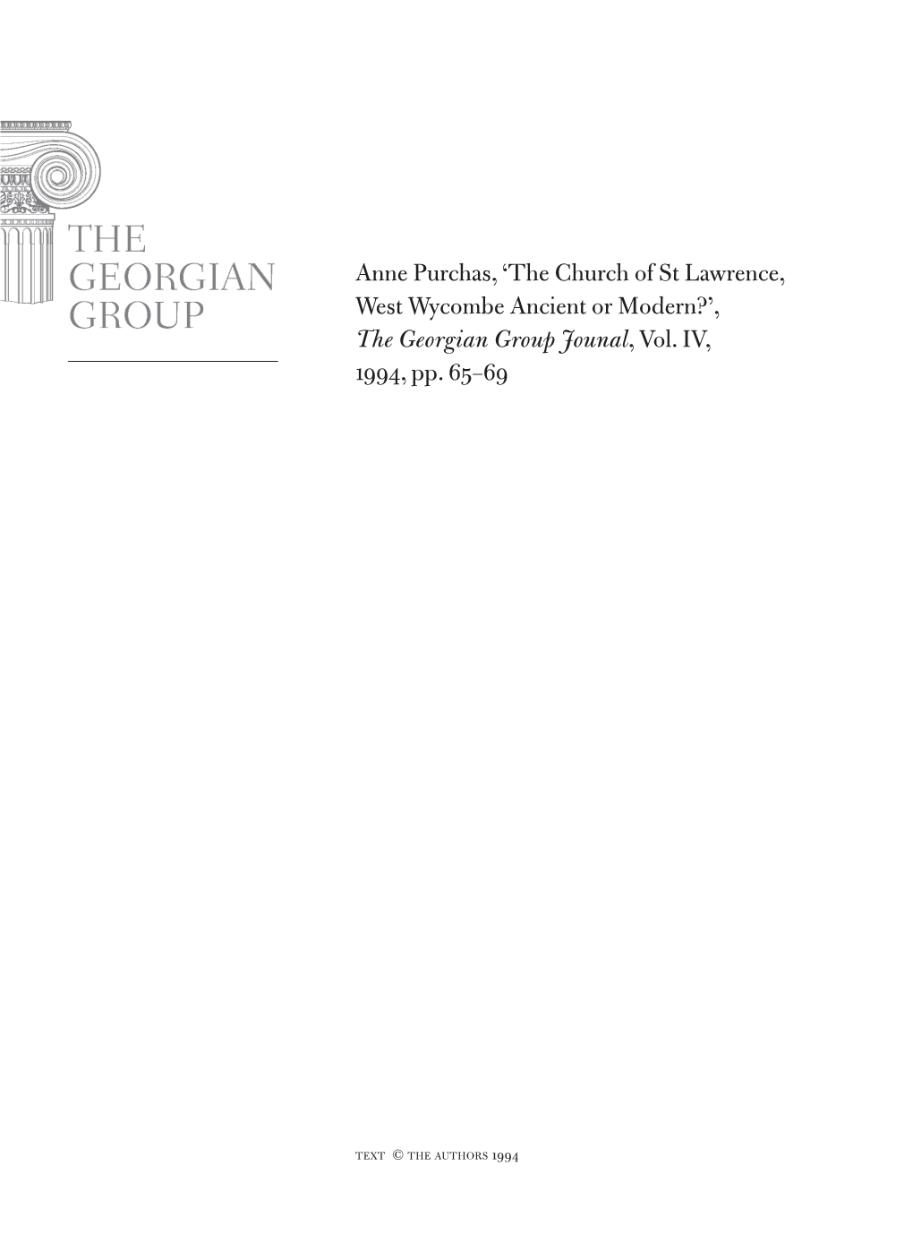 The Church of St Lawrence, West Wycombe Ancient Or Modern?’, the Georgian Group Jounal, Vol