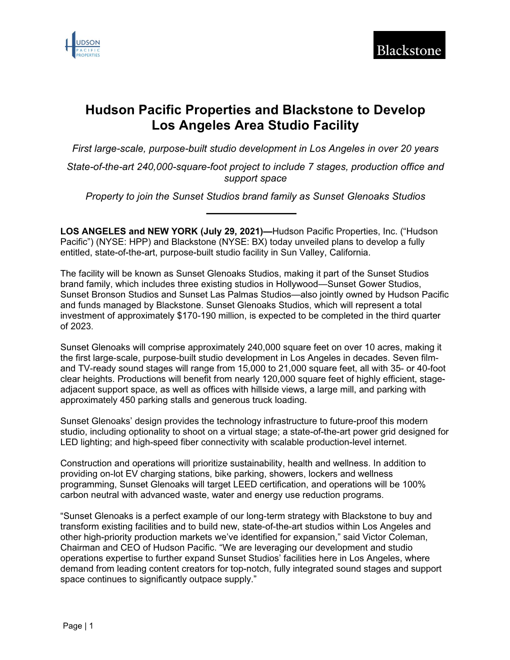 Hudson Pacific Properties and Blackstone to Develop Los Angeles Area Studio Facility