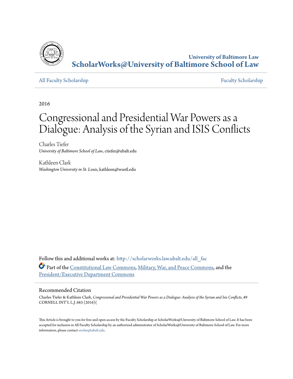 Congressional and Presidential War Powers As a Dialogue: Analysis Of