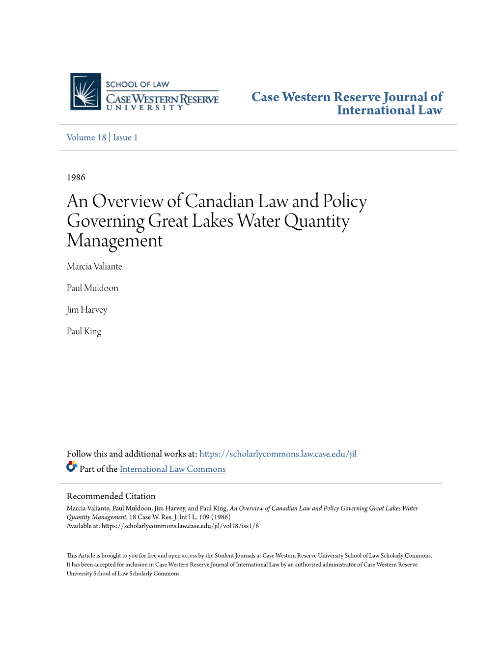 An Overview of Canadian Law and Policy Governing Great Lakes Water Quantity Management Marcia Valiante