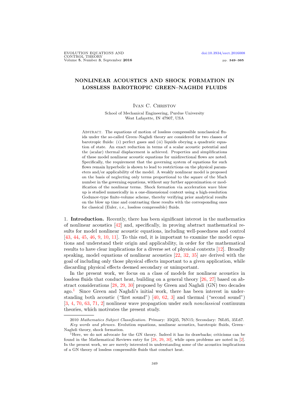 Nonlinear Acoustics and Shock Formation in Lossless Barotropic Green–Naghdi Fluids