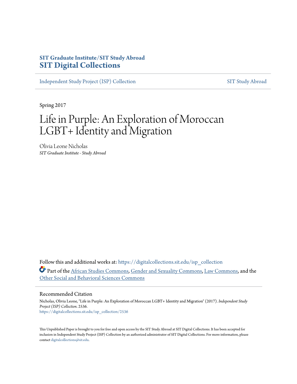 An Exploration of Moroccan LGBT+ Identity and Migration Olivia Leone Nicholas SIT Graduate Institute - Study Abroad