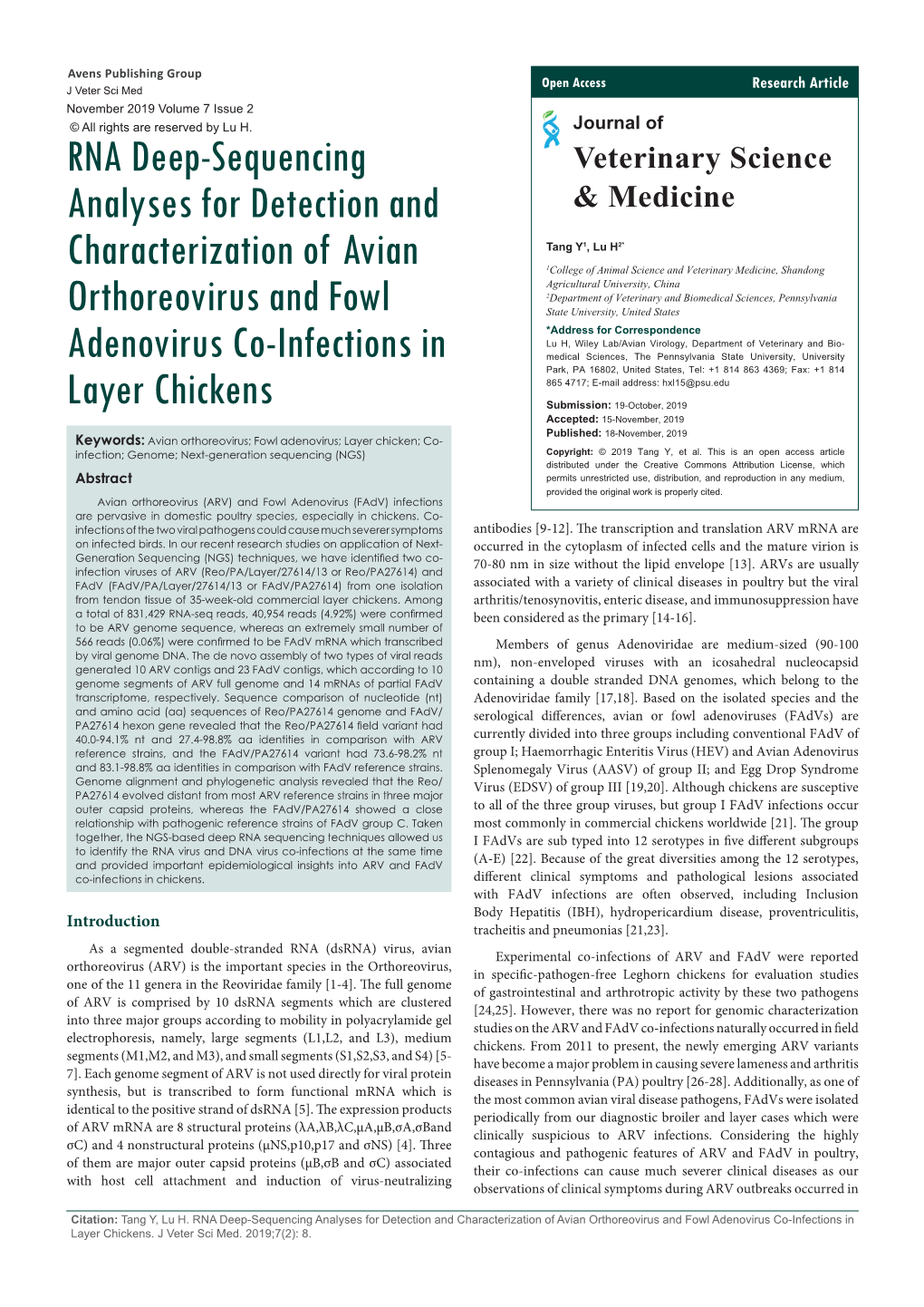 RNA Deep-Sequencing Analyses for Detection and Characterization of Avian Orthoreovirus and Fowl Adenovirus Co-Infections in Layer Chickens