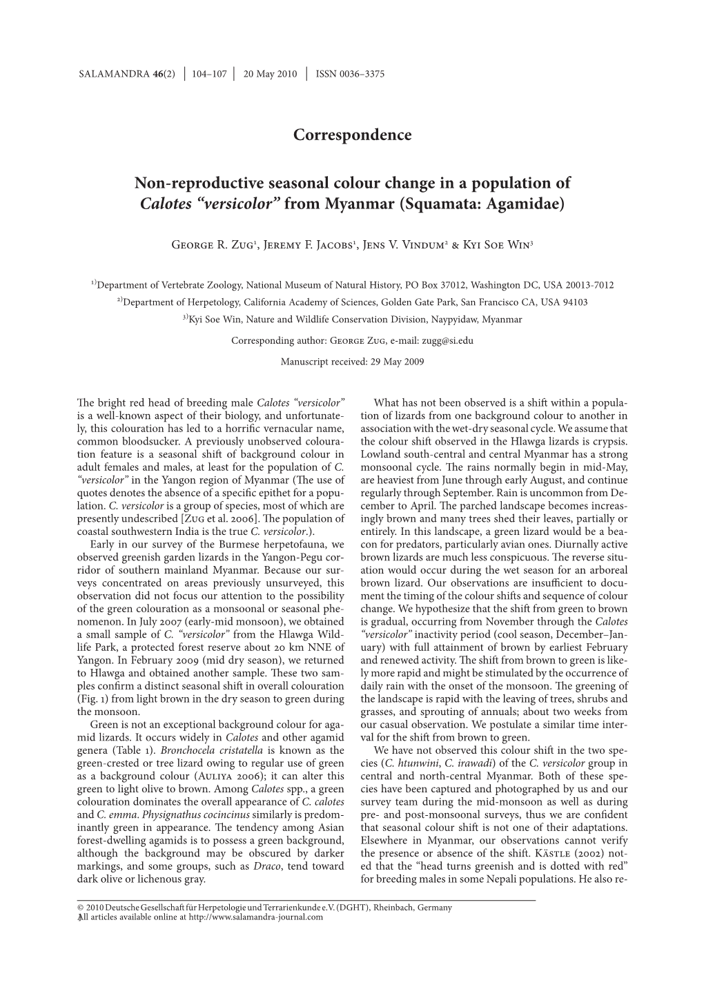 Non-Reproductive Seasonal Colour Change in a Population of Calotes “Versicolor” from Myanmar (Squamata: Agamidae)