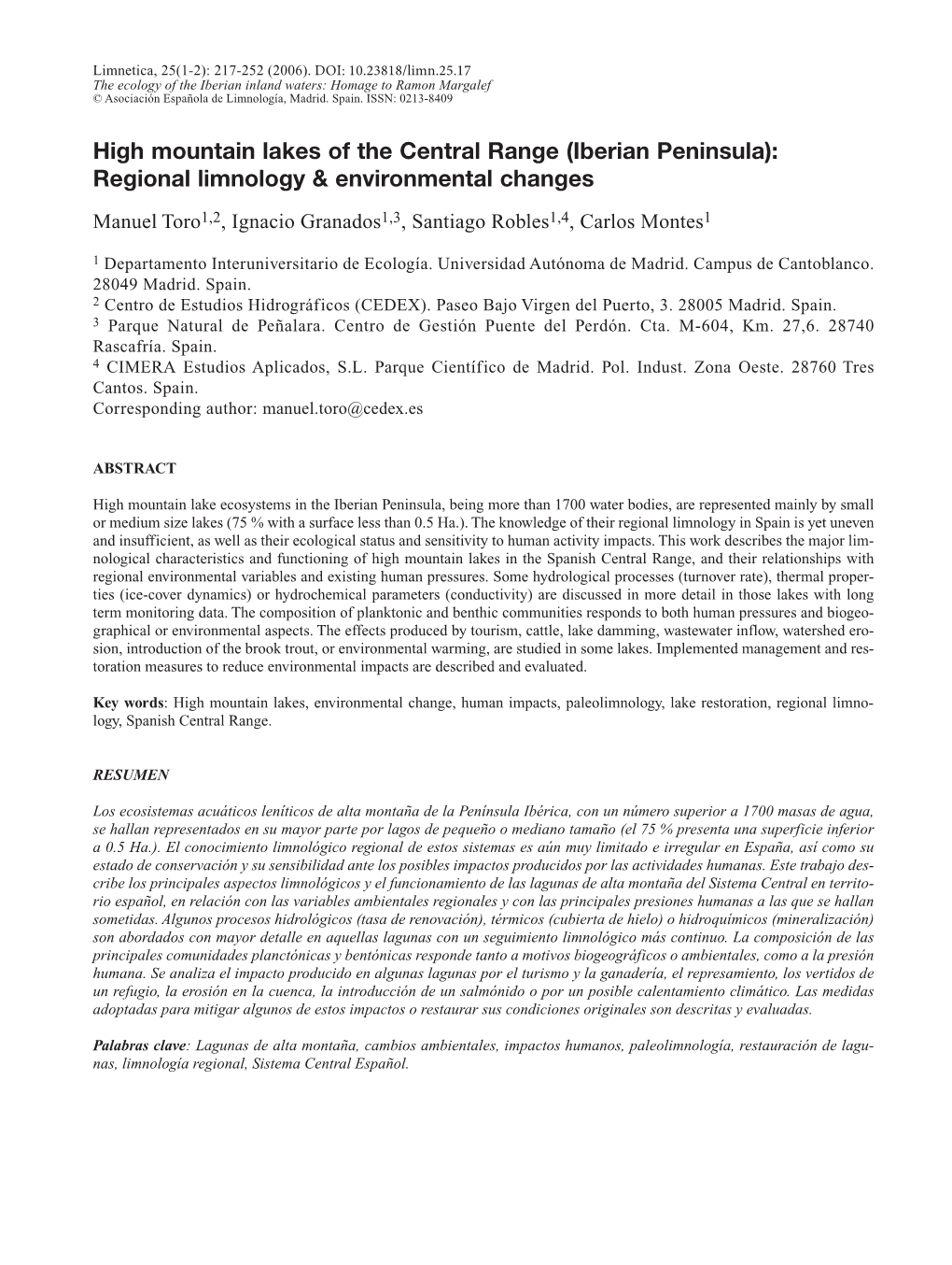 Regional Limnology High Mountain Lakes of Central Spain