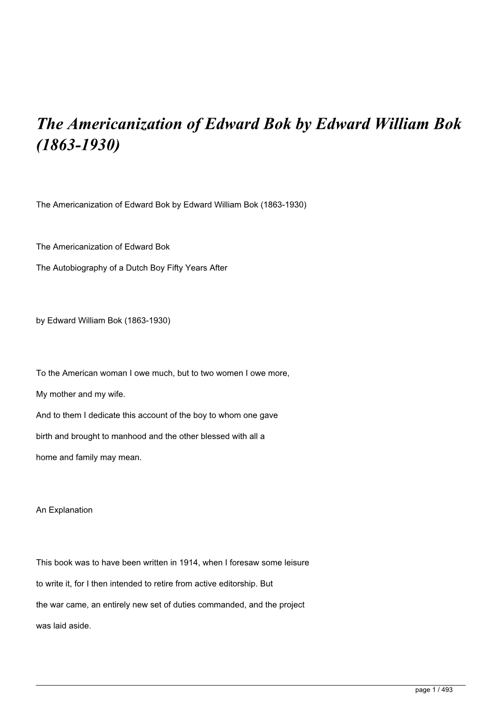 The Americanization of Edward Bok by Edward William Bok (1863-1930)