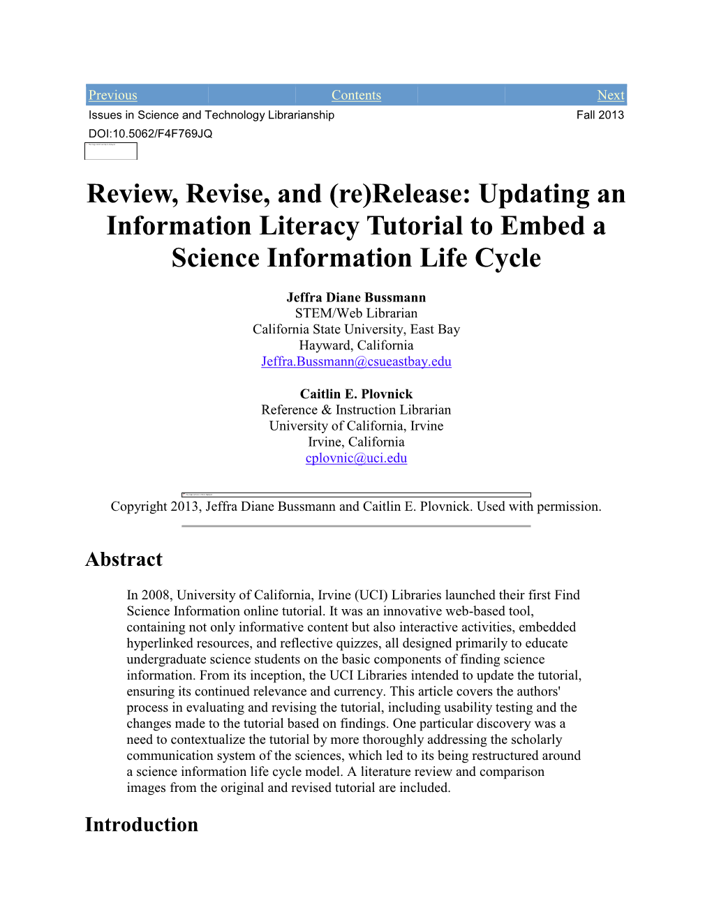 Review, Revise, and (Re)Release: Updating an Information Literacy Tutorial to Embed a Science Information Life Cycle