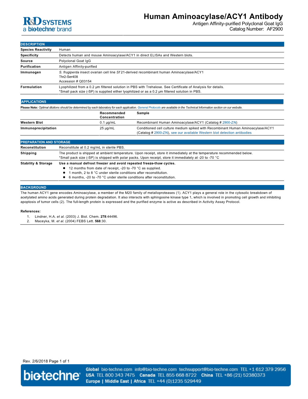 Human Aminoacylase/ACY1 Antibody Antigen Affinity-Purified Polyclonal Goat Igg Catalog Number: AF2900