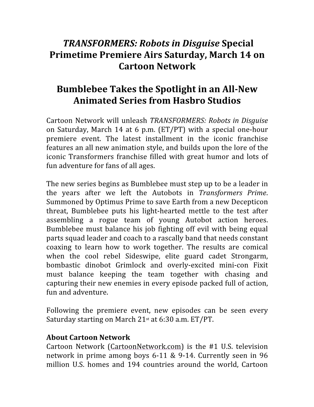 TRANSFORMERS: Robots in Disguise Special Primetime Premiere Airs Saturday, March 14 on Cartoon Network