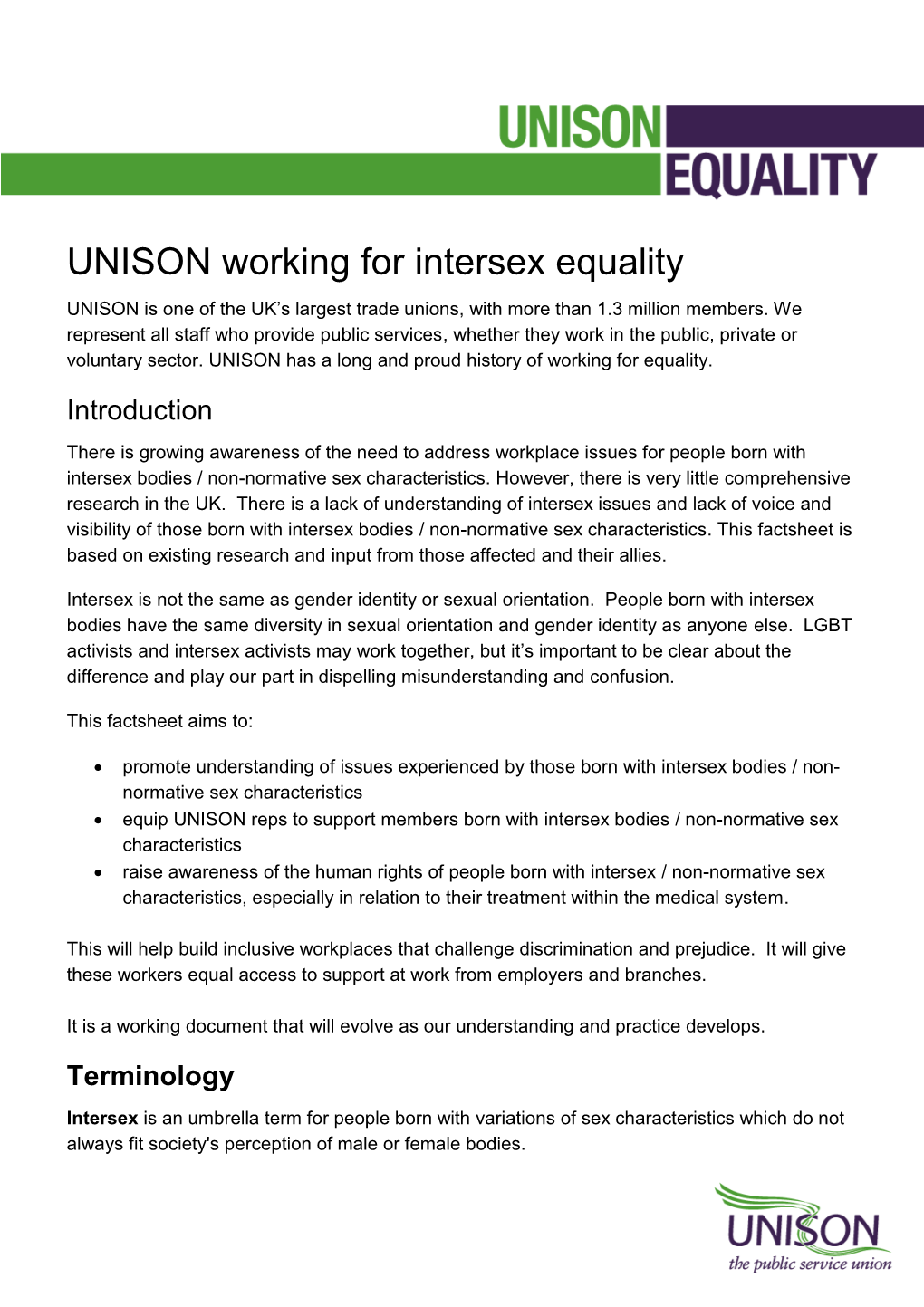 UNISON Working for Intersex Equality UNISON Is One of the UK’S Largest Trade Unions, with More Than 1.3 Million Members