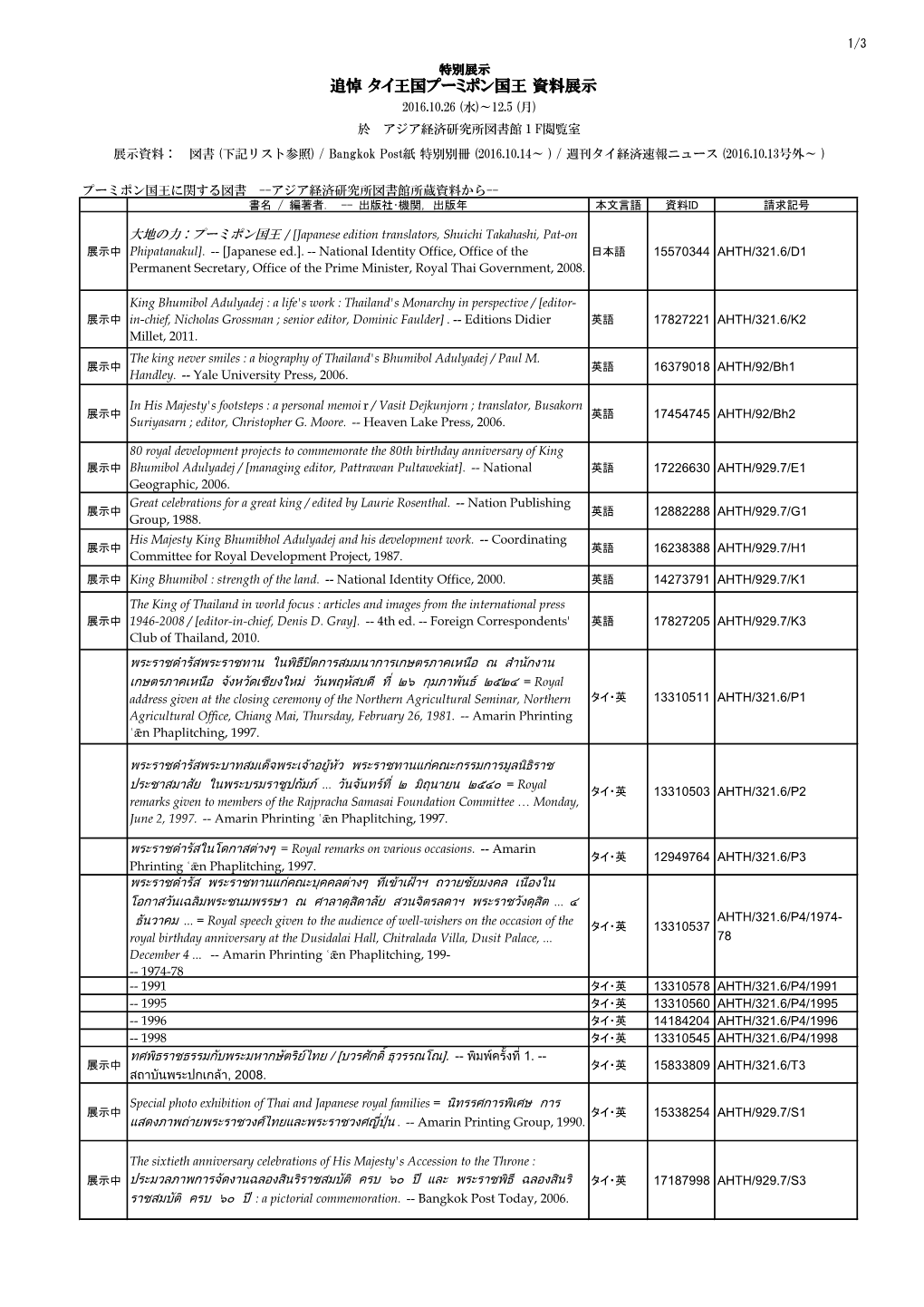 追悼 タイ王国プーミポン国王 資料展示 2016.10.26 (水)～12.5 (月) 於 アジア経済研究所図書館１F閲覧室 展示資料： 図書 (下記リスト参照) / Bangkok Post紙 特別別冊 (2016.10.14～ ) / 週刊タイ経済速報ニュース (2016.10.13号外～ )