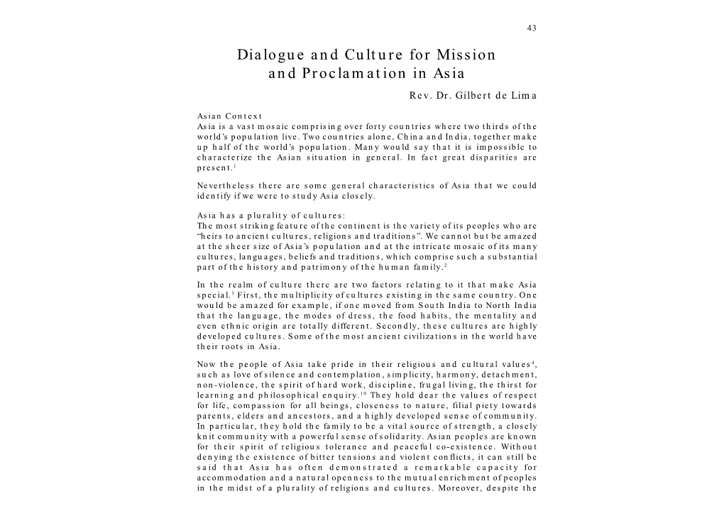 Dialogue and Culture for Mission and Proclamation in Asia Rev