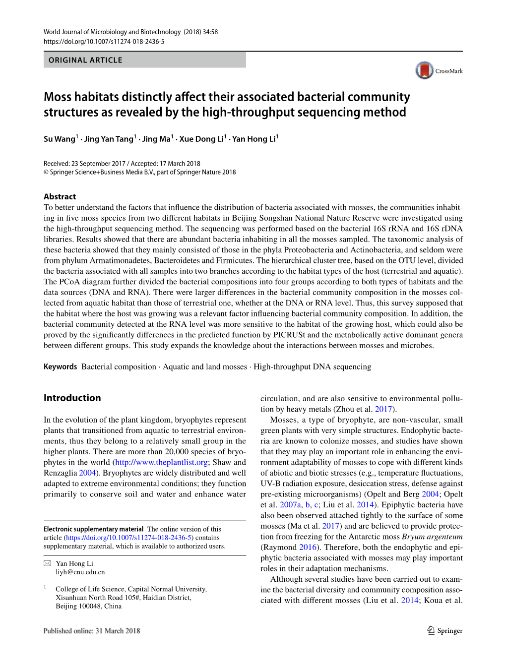 Moss Habitats Distinctly Affect Their Associated Bacterial Community Structures As Revealed by the High-Throughput Sequencing Method