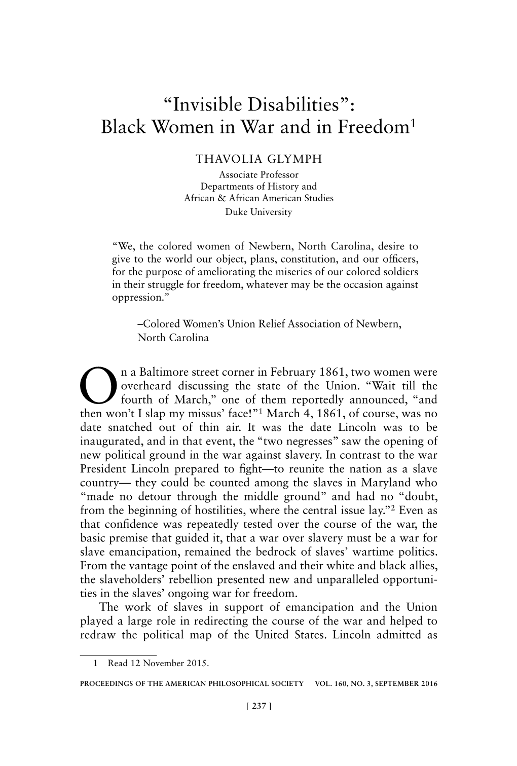 THAVOLIA GLYMPH Associate Professor Departments of History and African & African American Studies Duke University