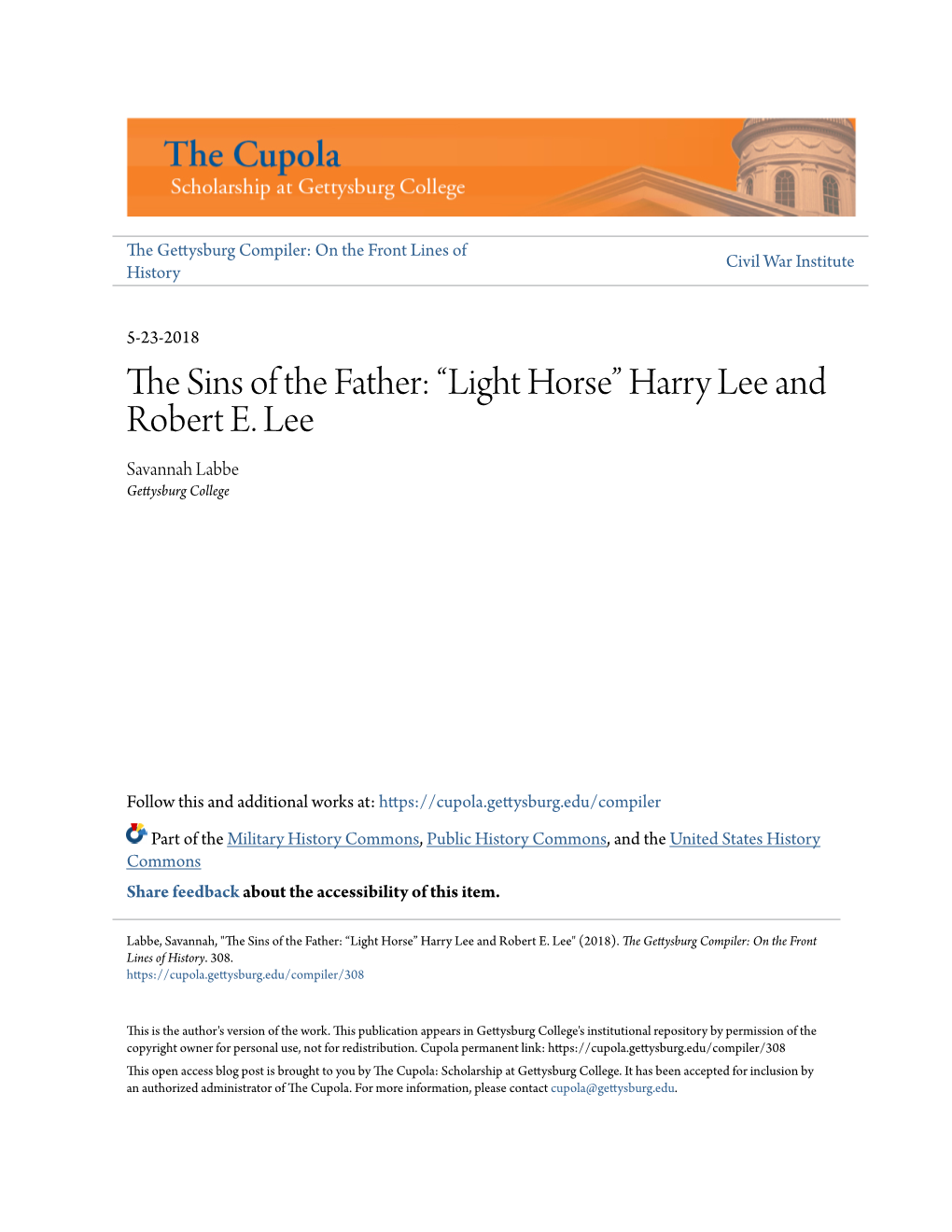 The Sins of the Father: “Light Horse” Harry Lee and Robert E. Lee