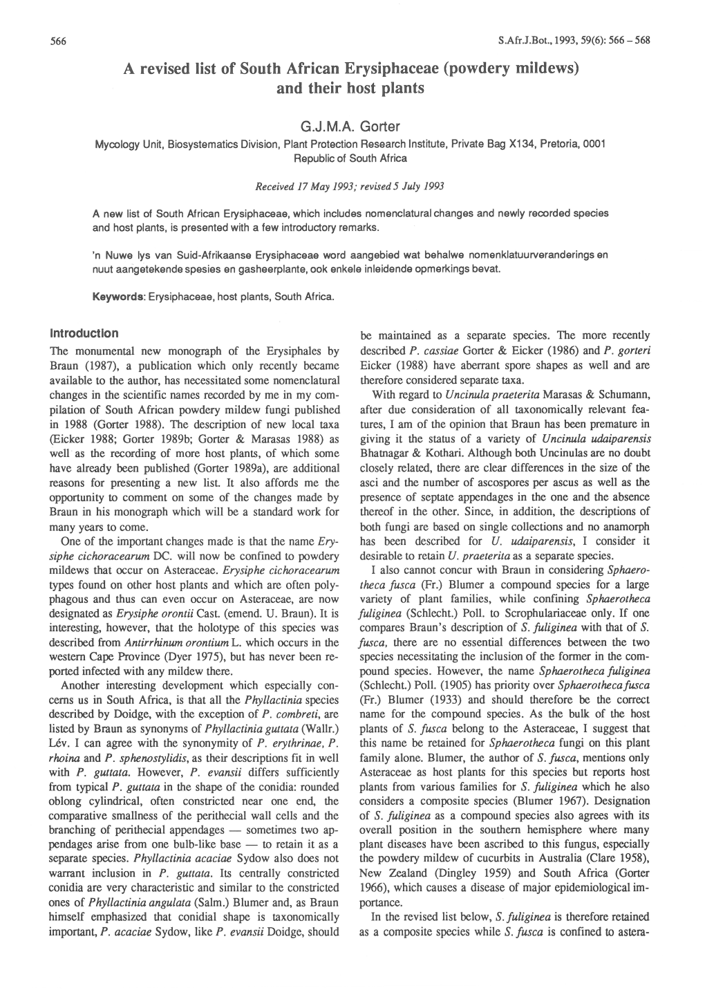 A Revised List of South African Erysiphaceae (Powdery Mildews) and Their Host Plants