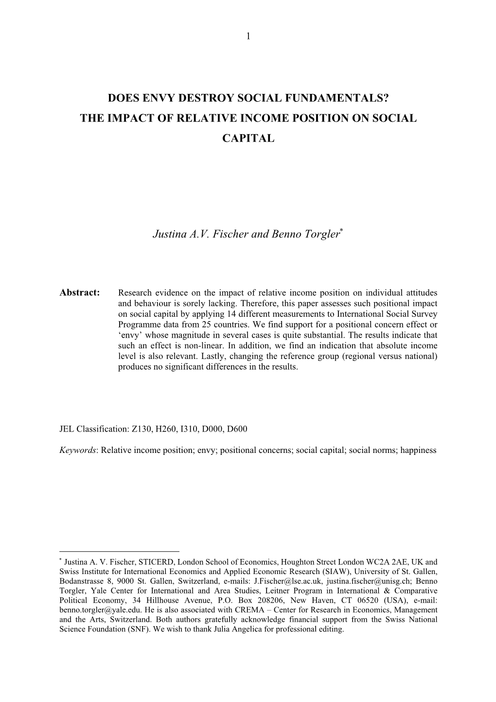 The Impact of Relative Income Position on Social Capital