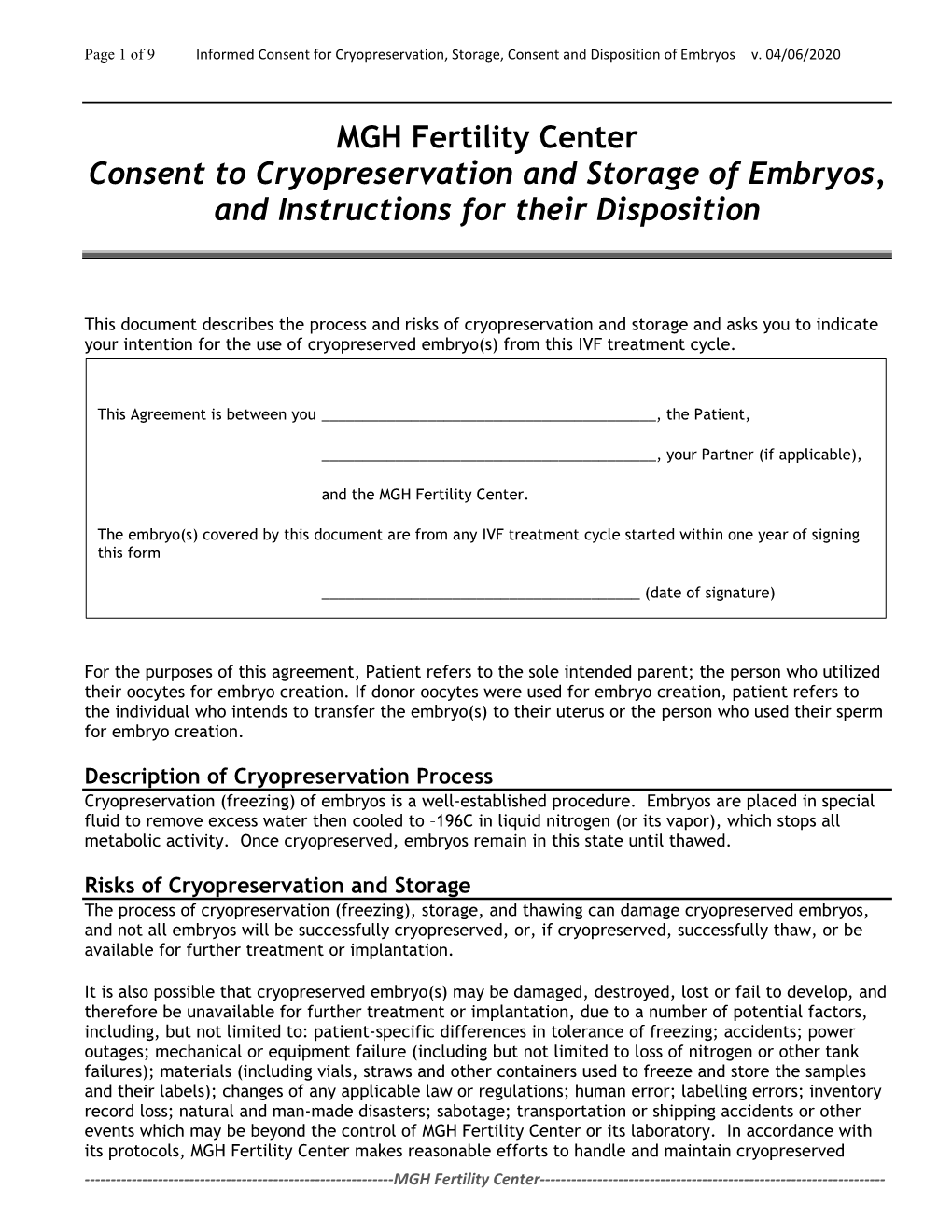 MGH Fertility Center Consent to Cryopreservation and Storage of Embryos, and Instructions for Their Disposition