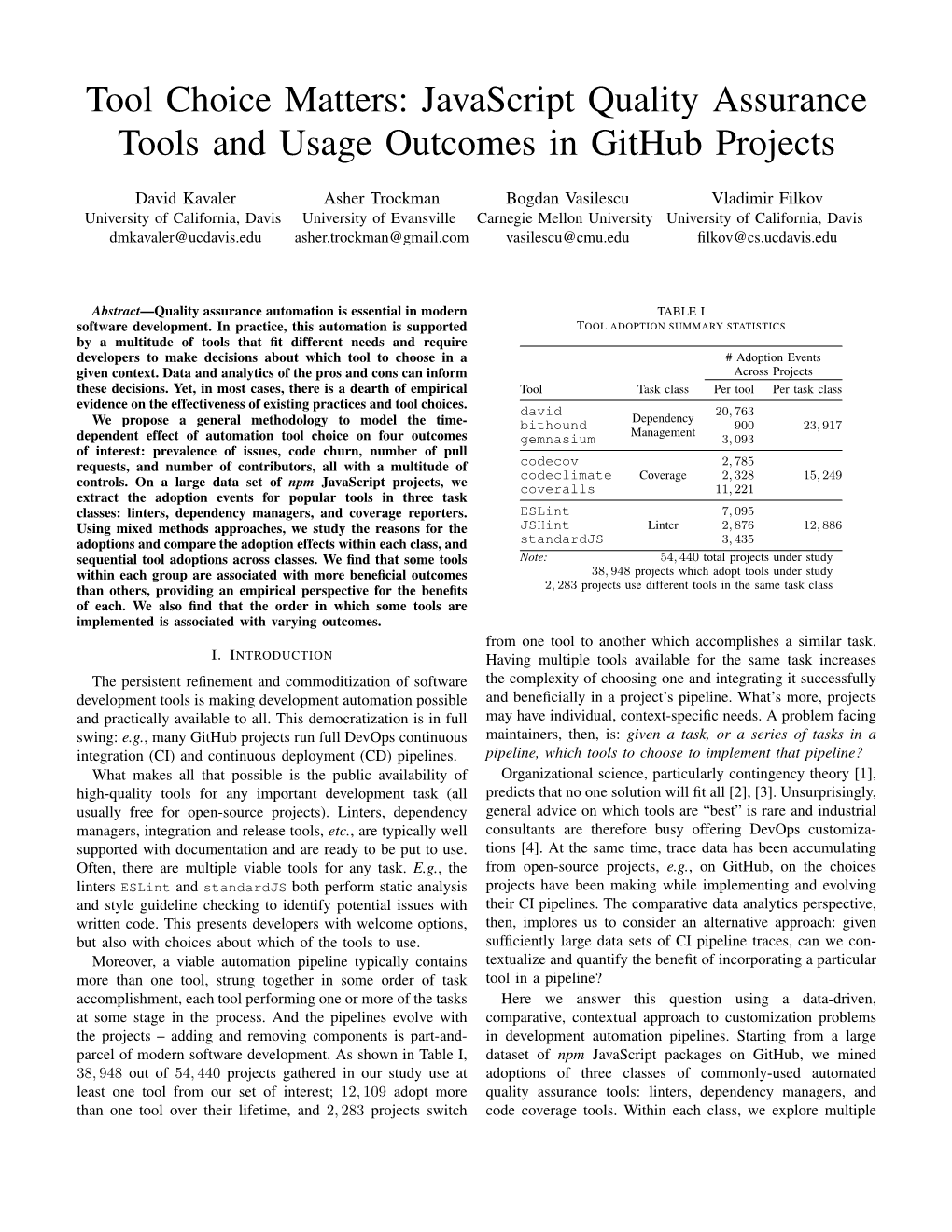 Javascript Quality Assurance Tools and Usage Outcomes in Github Projects