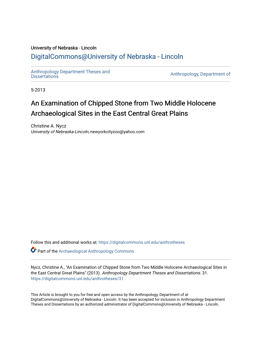 An Examination of Chipped Stone from Two Middle Holocene Archaeological Sites in the East Central Great Plains