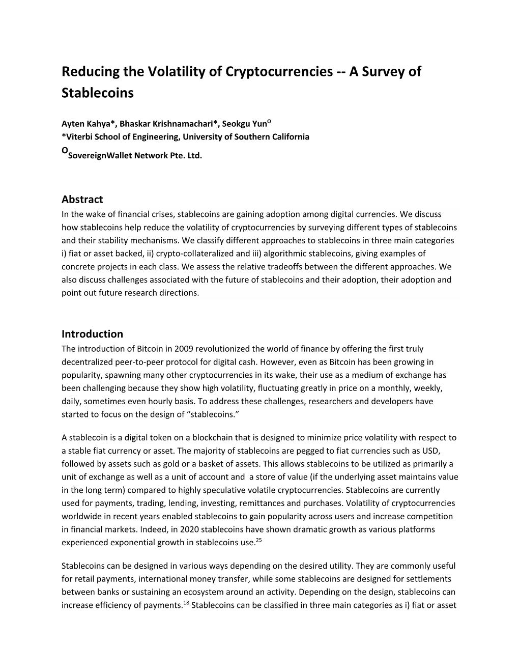 Reducing the Volatility of Cryptocurrencies -- a Survey of Stablecoins