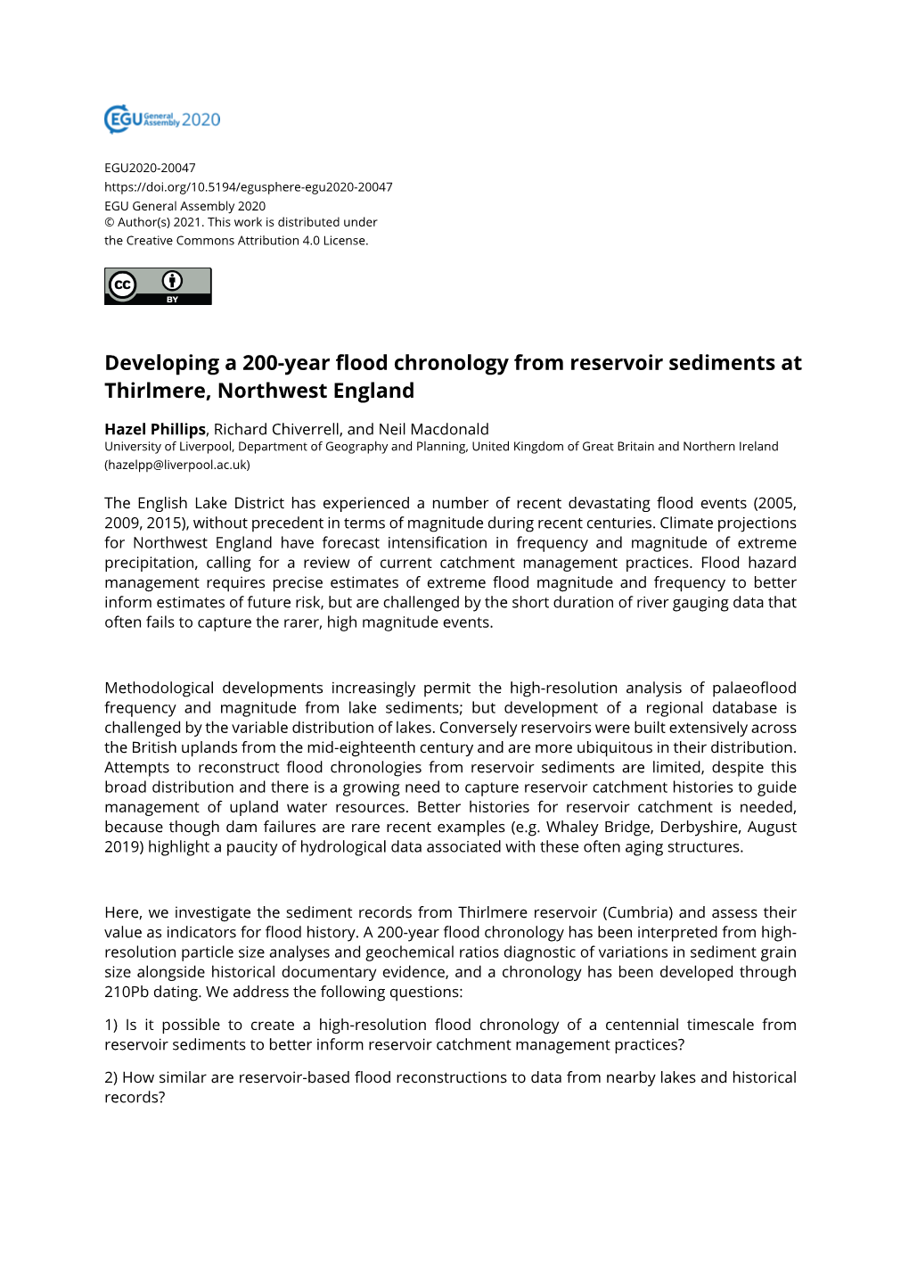 Developing a 200-Year Flood Chronology from Reservoir Sediments at Thirlmere, Northwest England