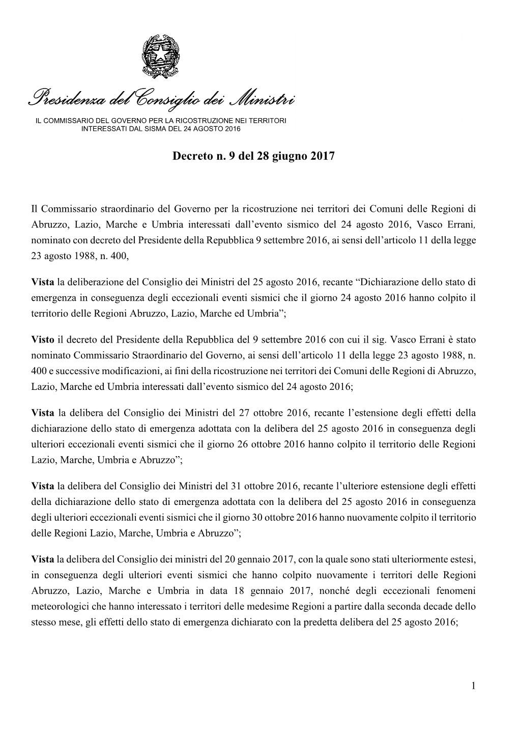 Decreto N. 9 Del 28 Giugno 2017