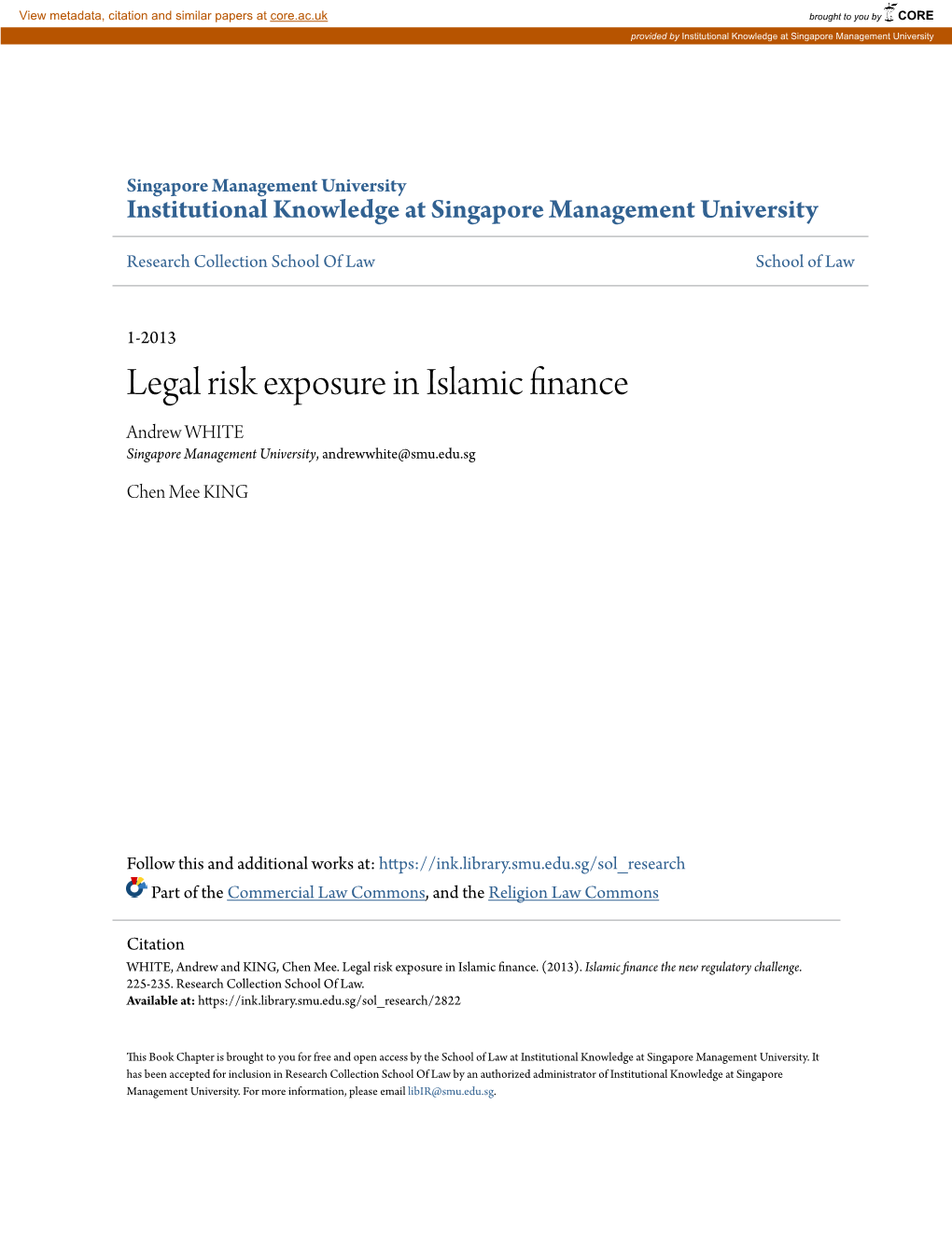 Legal Risk Exposure in Islamic Finance Andrew WHITE Singapore Management University, Andrewwhite@Smu.Edu.Sg