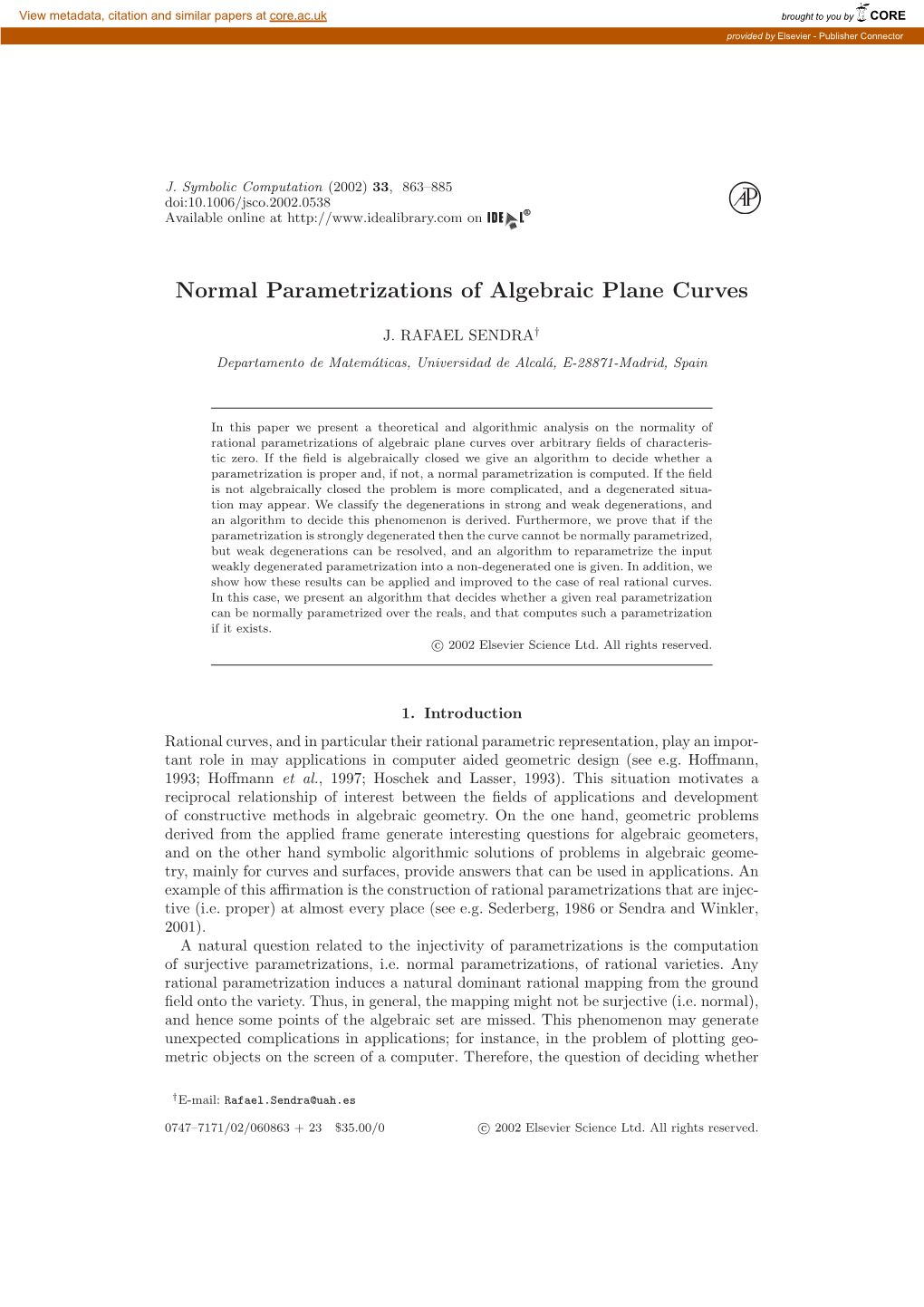 Normal Parametrizations of Algebraic Plane Curves