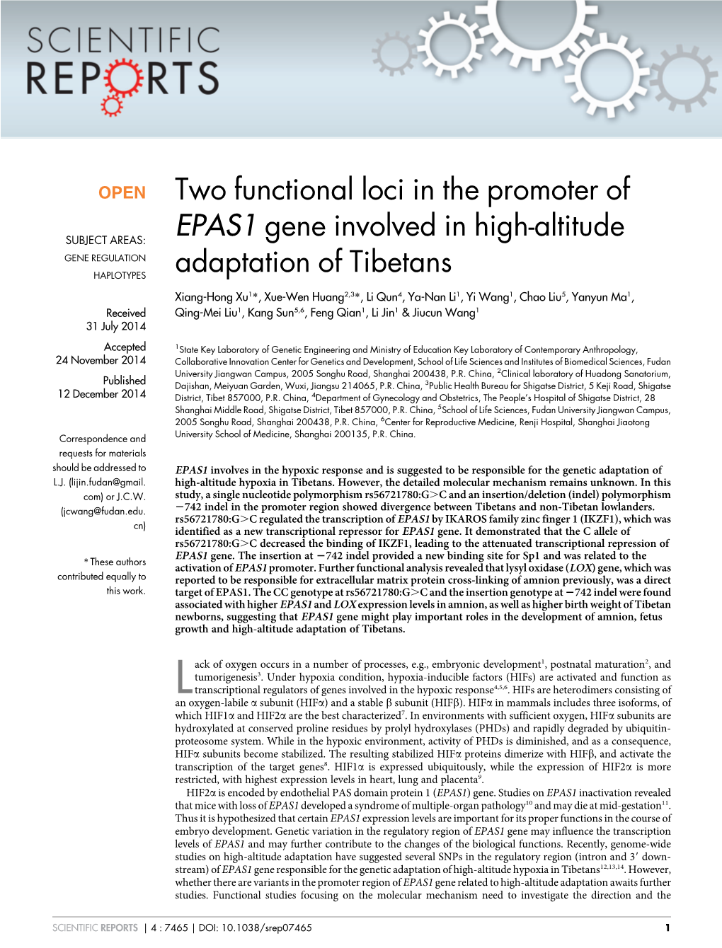 Two Functional Loci in the Promoter of EPAS1 Gene Involved in High