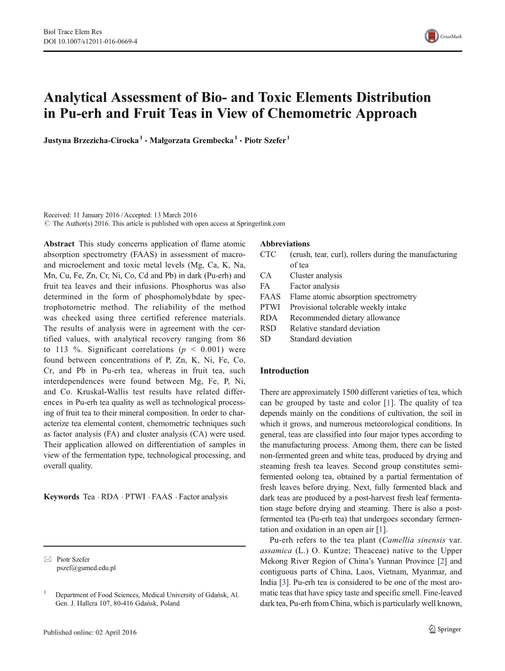 And Toxic Elements Distribution in Pu-Erh and Fruit Teas in View of Chemometric Approach