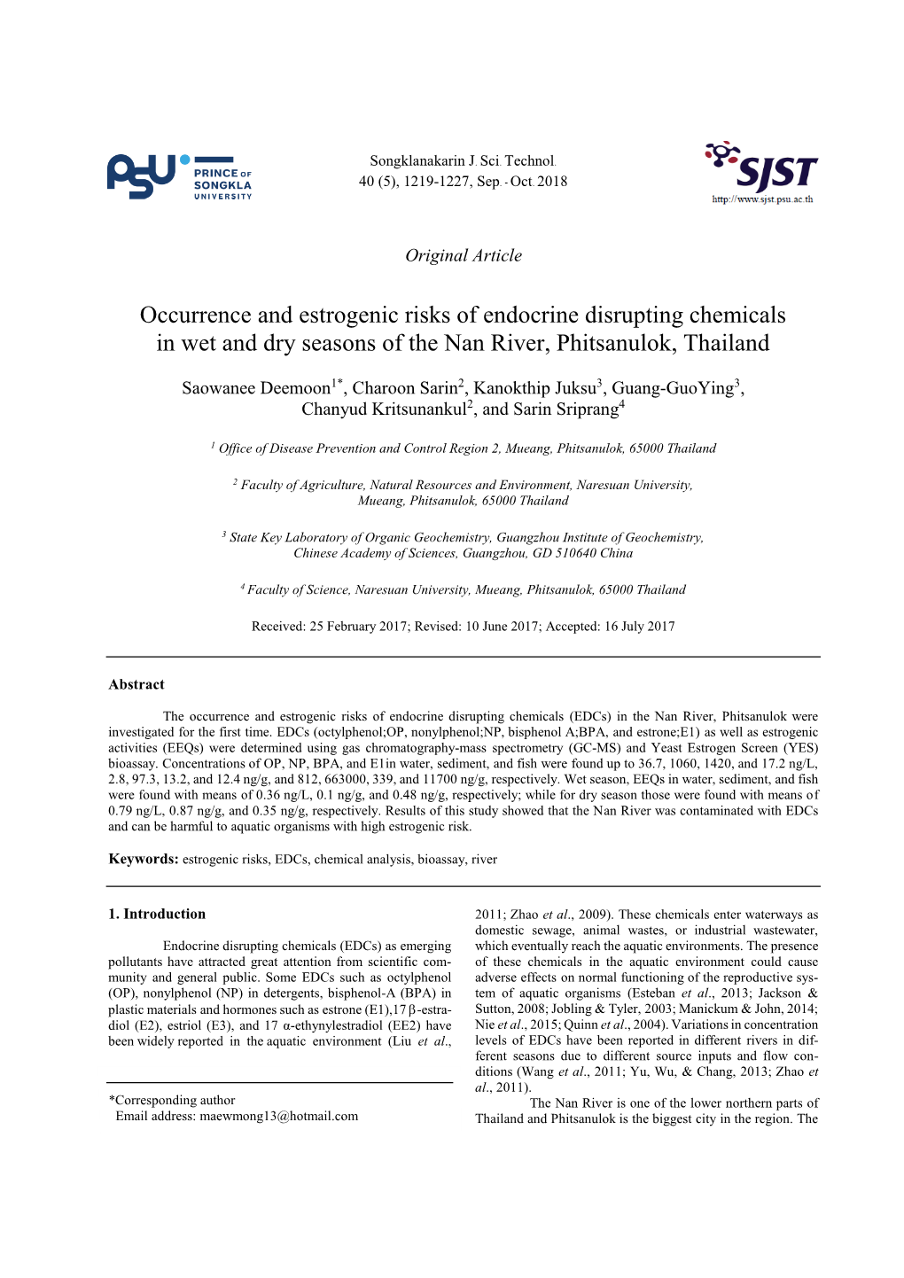 Occurrence and Estrogenic Risks of Endocrine Disrupting Chemicals in Wet and Dry Seasons of the Nan River, Phitsanulok, Thailand