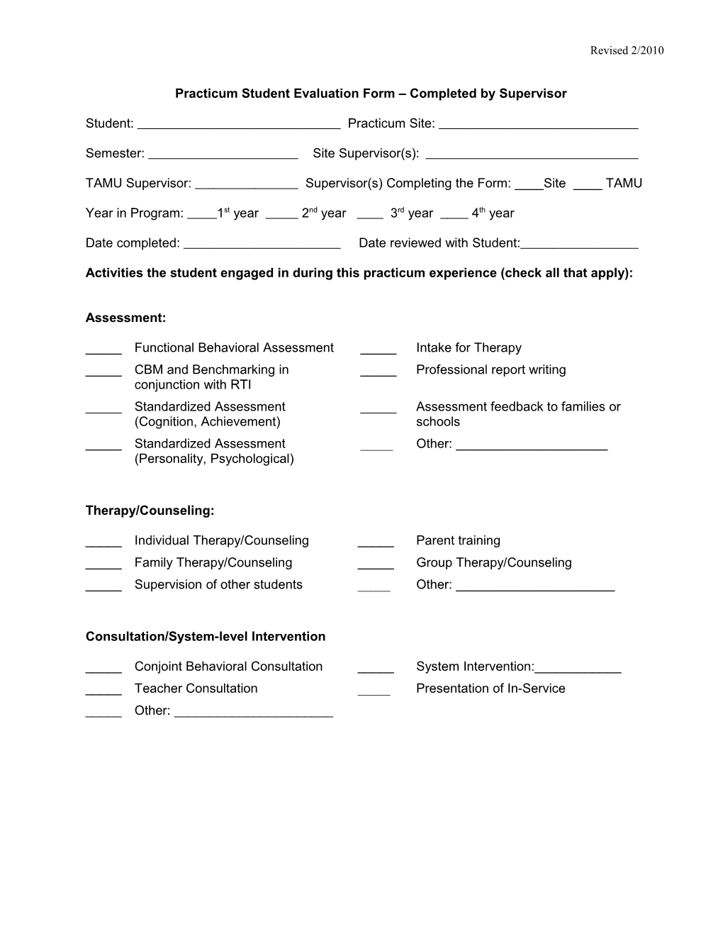 Practicum Student Evaluation Form Completed by Supervisor