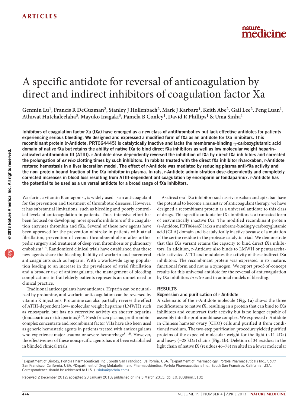 A Specific Antidote for Reversal of Anticoagulation by Direct and Indirect Inhibitors of Coagulation Factor Xa