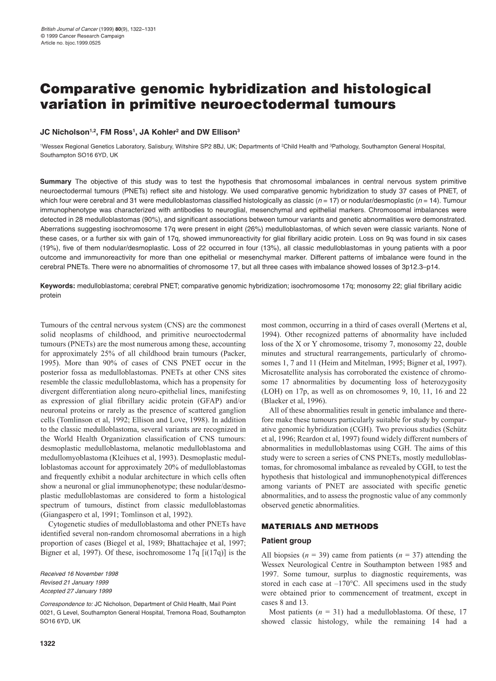 Comparative Genomic Hybridization and Histological Variation