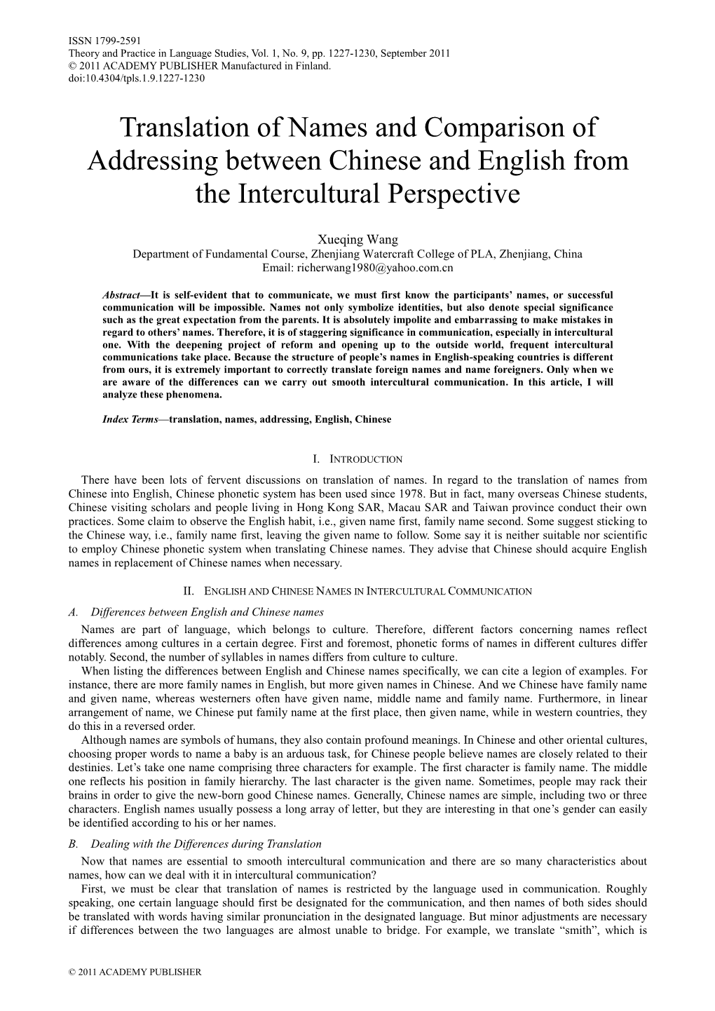 Translation of Names and Comparison of Addressing Between Chinese and English from the Intercultural Perspective