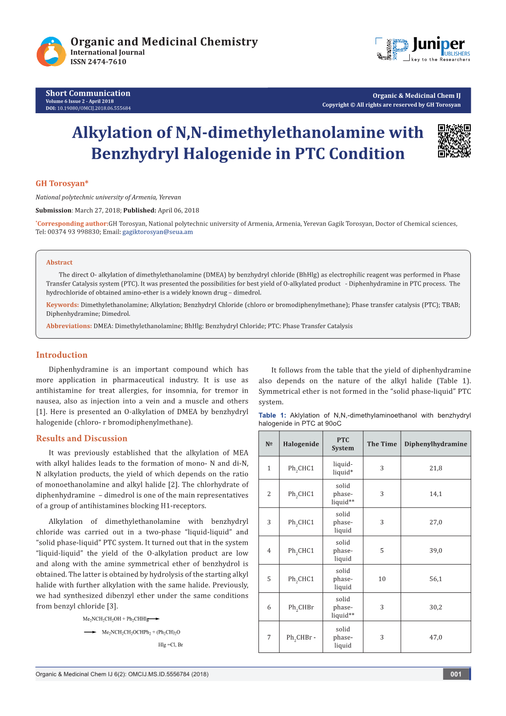 Alkylation of N,N-Dimethylethanolamine with Benzhydryl Halogenide in PTC Condition