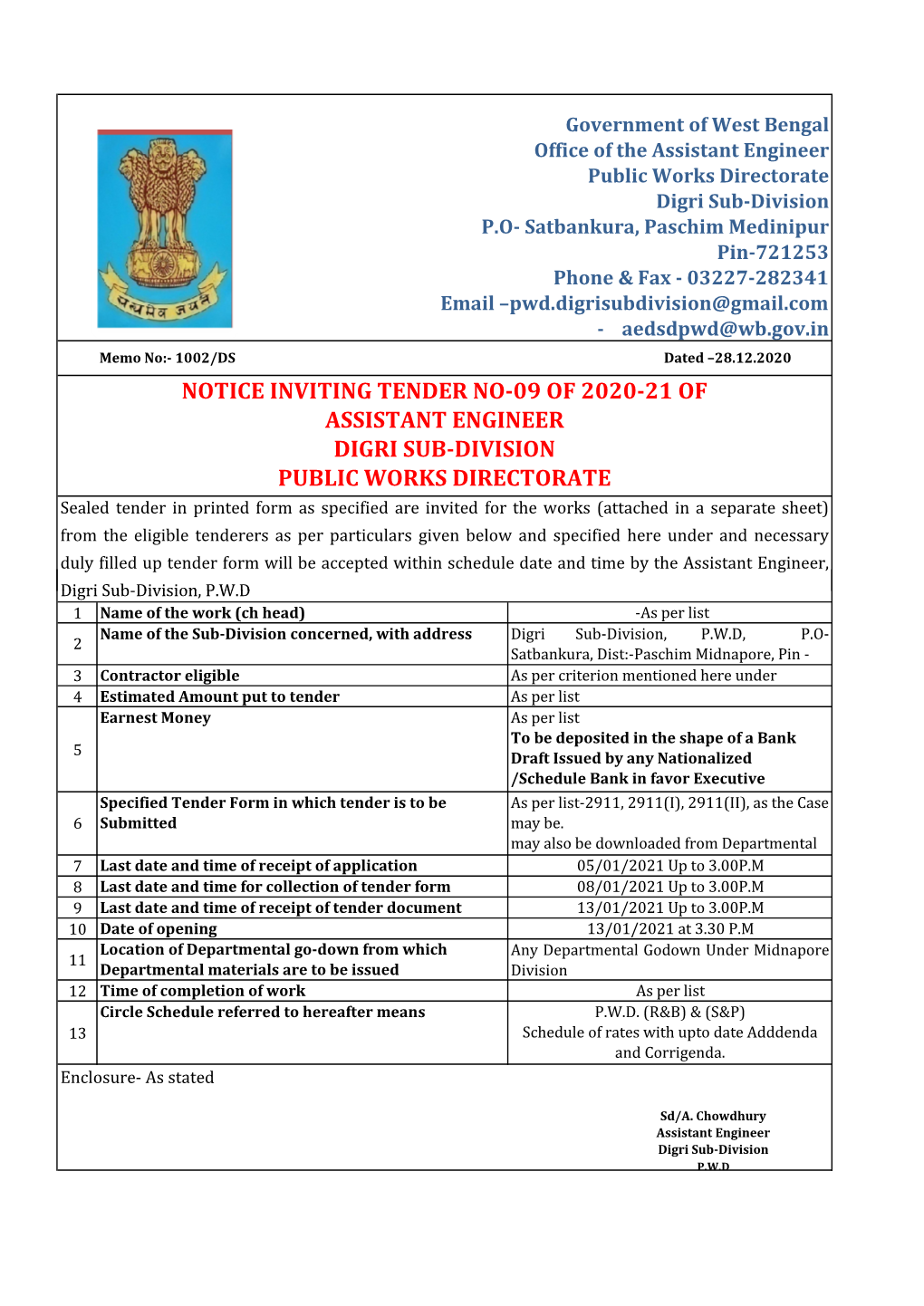 Notice Inviting Tender No-09 of 2020-21 of Assistant