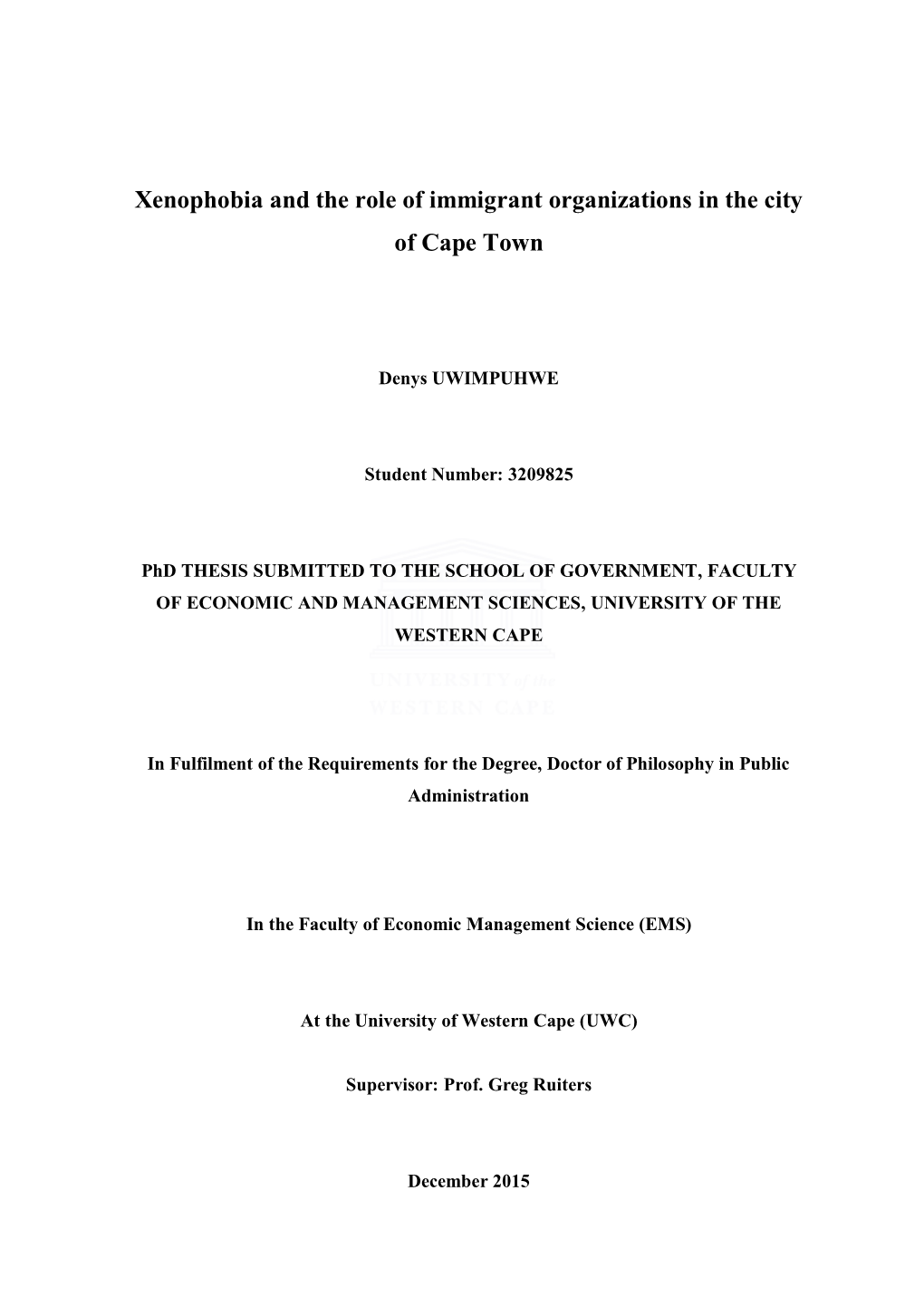 Xenophobia and the Role of Immigrant Organizations in the City of Cape Town