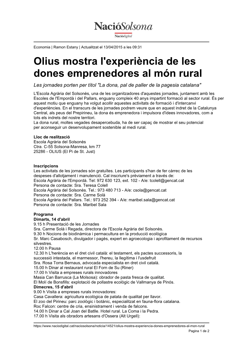 Olius Mostra L'experiència De Les Dones Emprenedores Al Món Rural