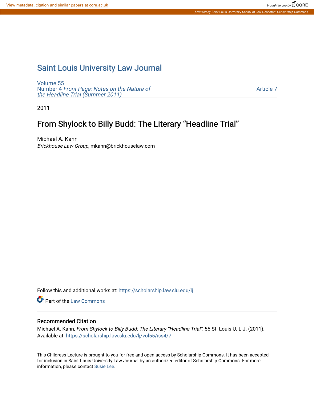 From Shylock to Billy Budd: the Literary “Headline Trial”