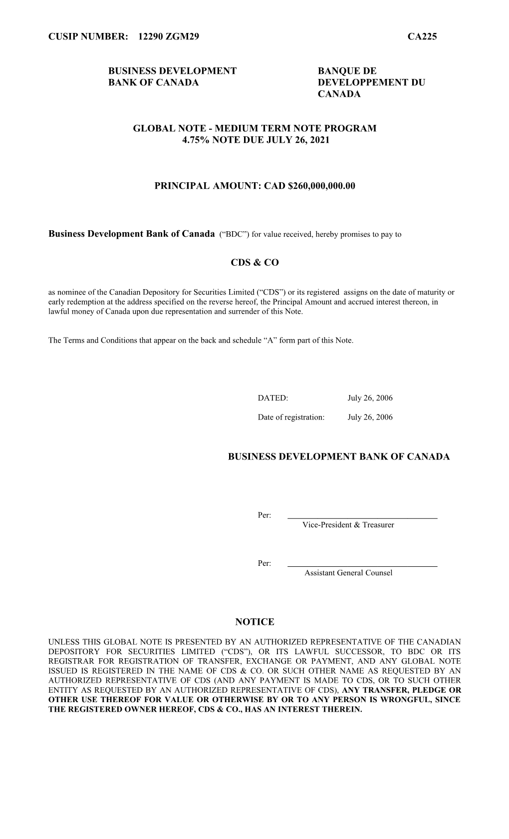 Global Note - Medium Term Note Program