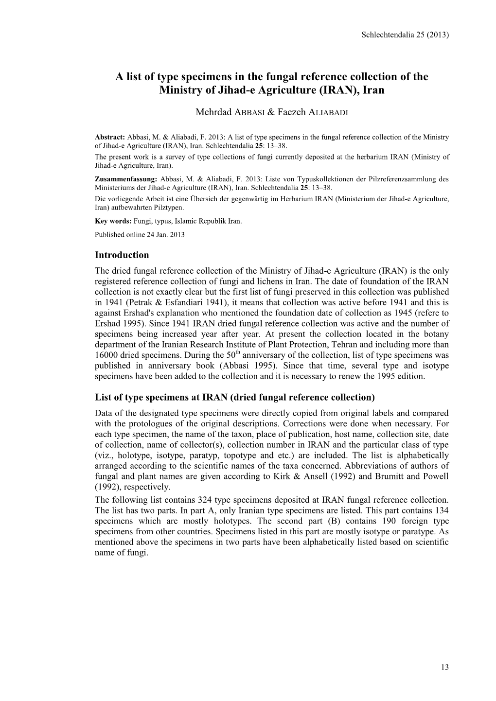 A List of Type Specimens in the Fungal Reference Collection of the Ministry of Jihad-E Agriculture (IRAN), Iran