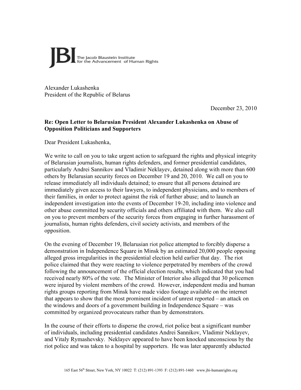 Open Letter to Belarusian President Alexander Lukashenka on Abuse of Opposition Politicians and Supporters